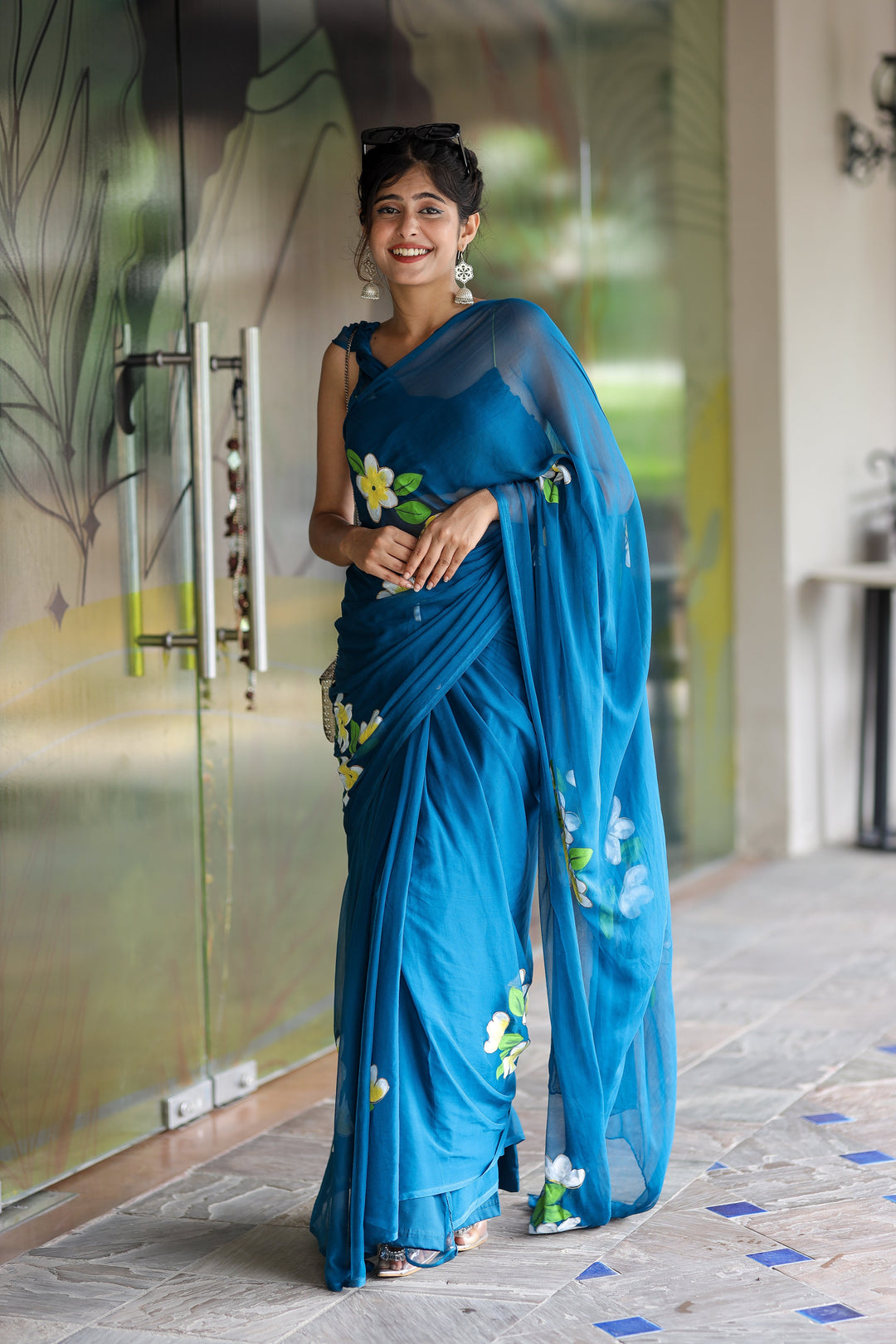 Teal Blue Chiffon Saree with White & Yellow Floral Print | Lightweight Designer Saree with Blouse Piece
