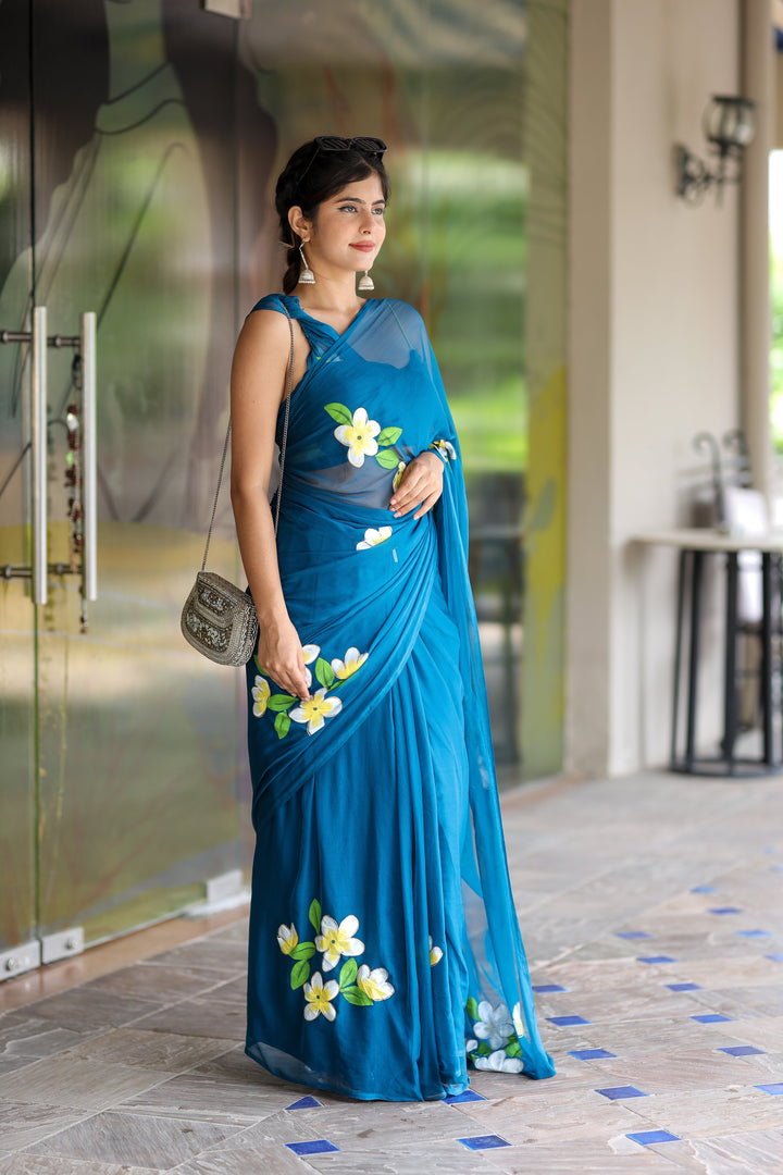 Teal Blue Chiffon Saree with White & Yellow Floral Print | Lightweight Designer Saree with Blouse Piece
