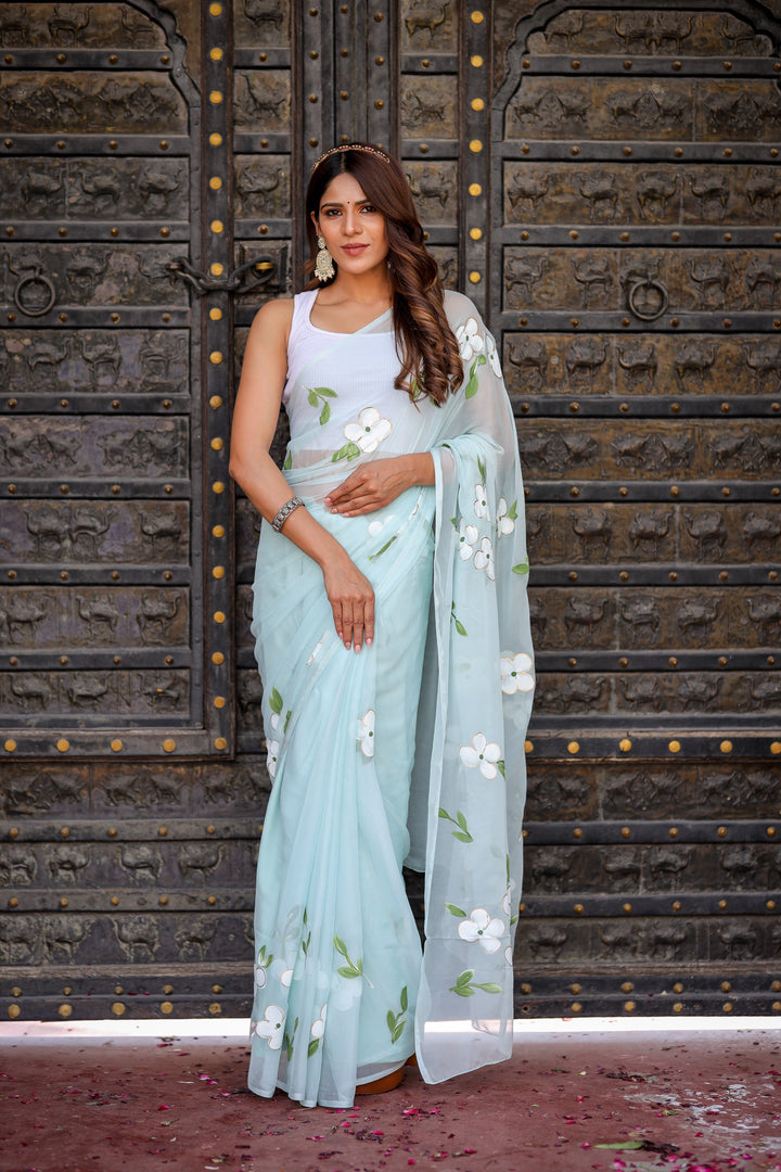 Powder Blue Chiffon Saree with White Floral Print | Lightweight Designer Saree with Blouse Piece