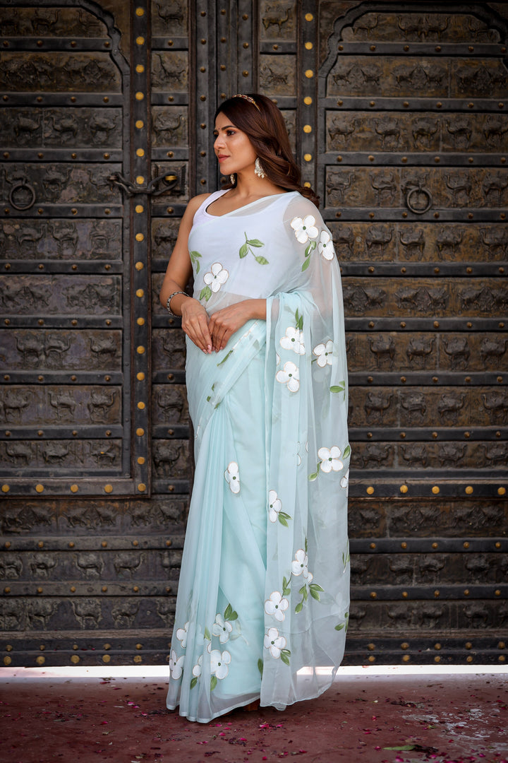 Powder Blue Chiffon Saree with White Floral Print | Lightweight Designer Saree with Blouse Piece