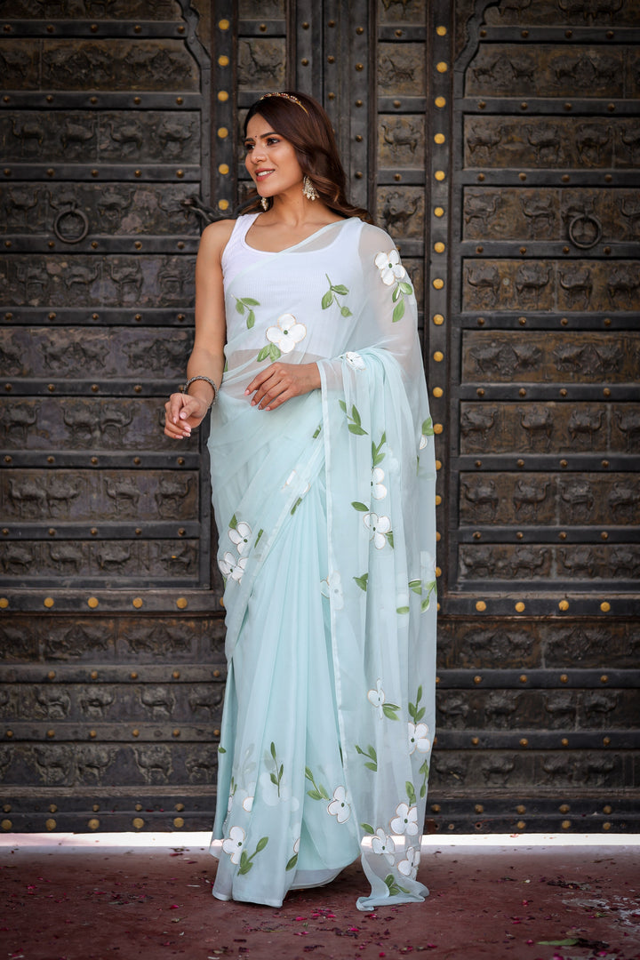 Powder Blue Chiffon Saree with White Floral Print | Lightweight Designer Saree with Blouse Piece