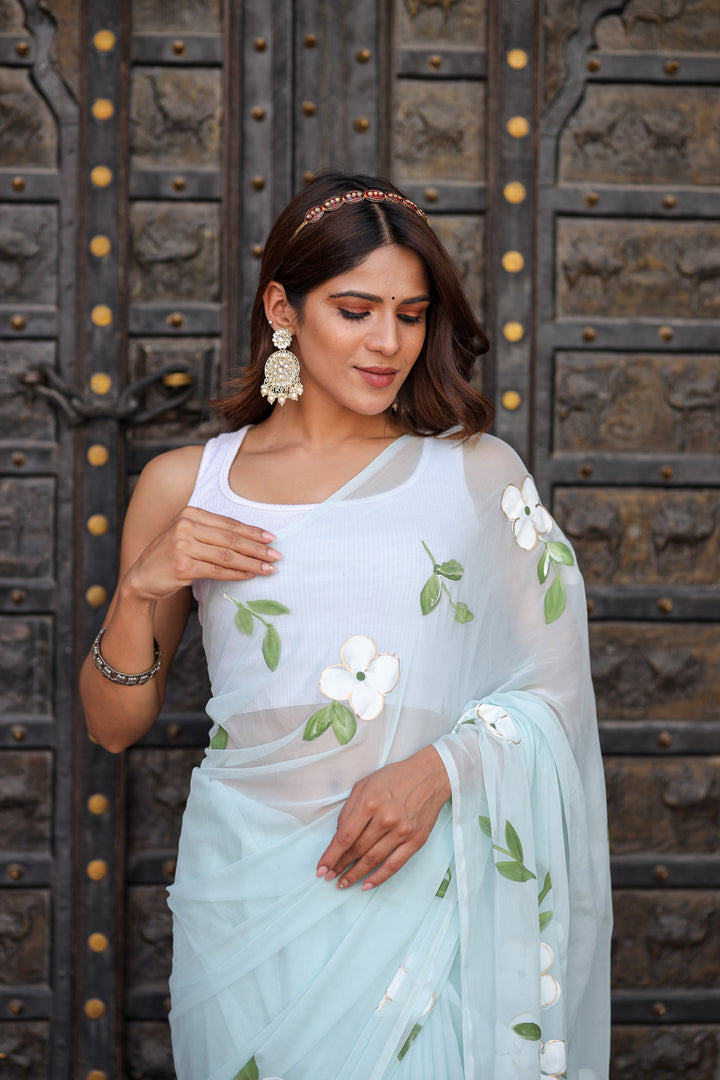 Powder Blue Chiffon Saree with White Floral Print | Lightweight Designer Saree with Blouse Piece
