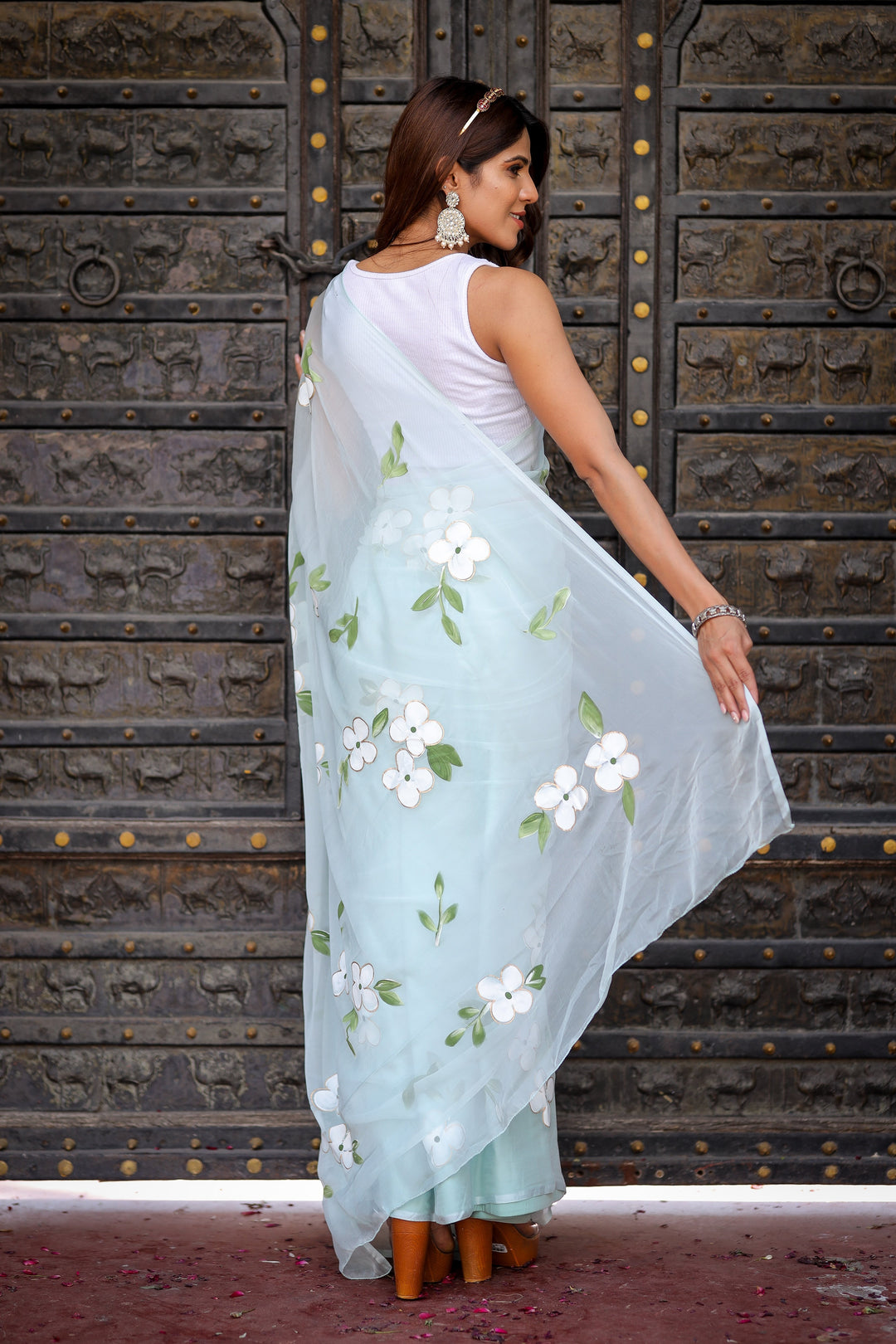 Powder Blue Chiffon Saree with White Floral Print | Lightweight Designer Saree with Blouse Piece