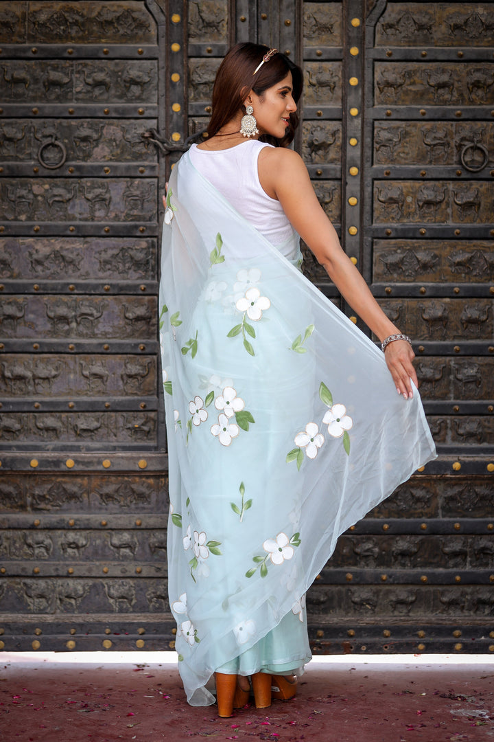 Powder Blue Chiffon Saree with White Floral Print | Lightweight Designer Saree with Blouse Piece