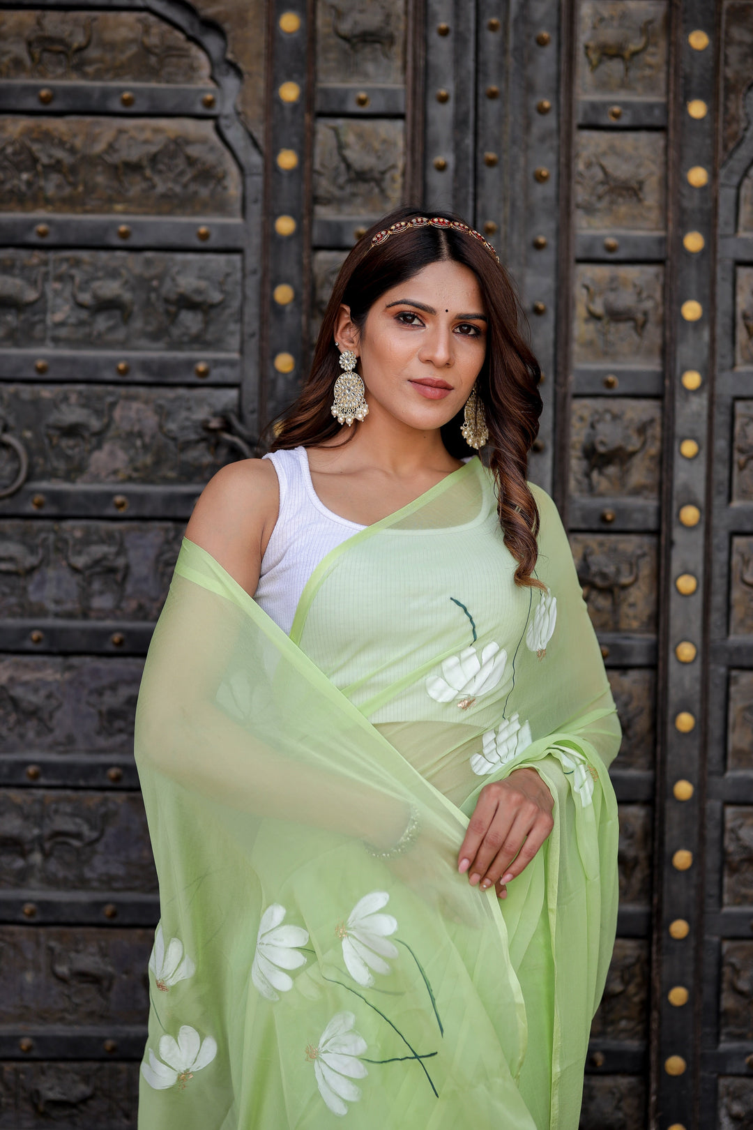 Pastel Lime Green Chiffon Saree with White Floral Print | Lightweight Designer Saree with Blouse Piece