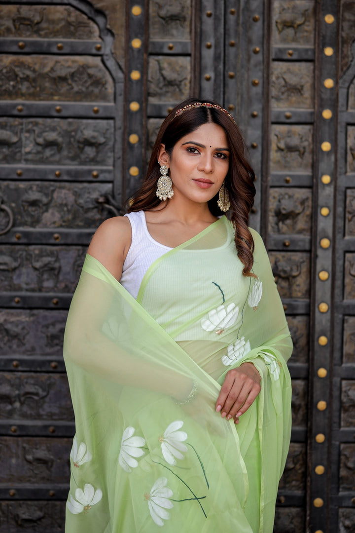 Pastel Lime Green Chiffon Saree with White Floral Print | Lightweight Designer Saree with Blouse Piece