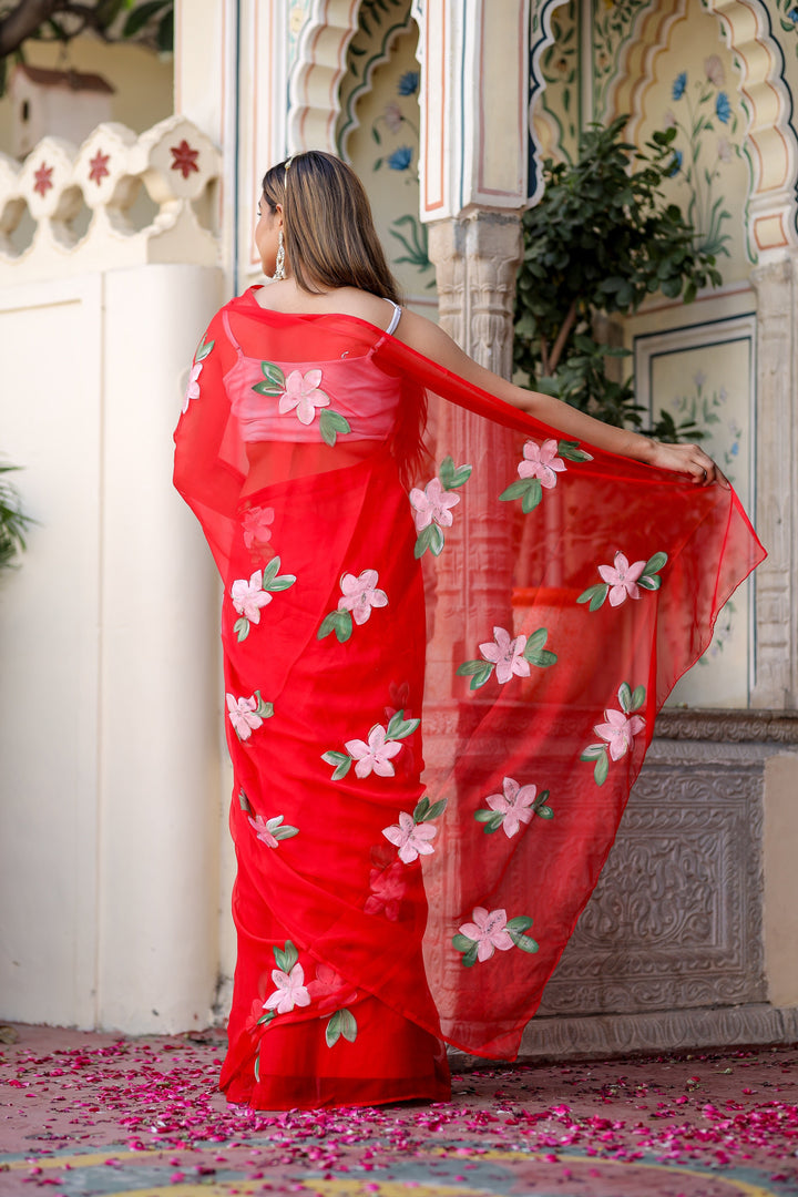 Vibrant Red Chiffon Saree with Pink Floral Print | Lightweight Designer Saree with Blouse Piece