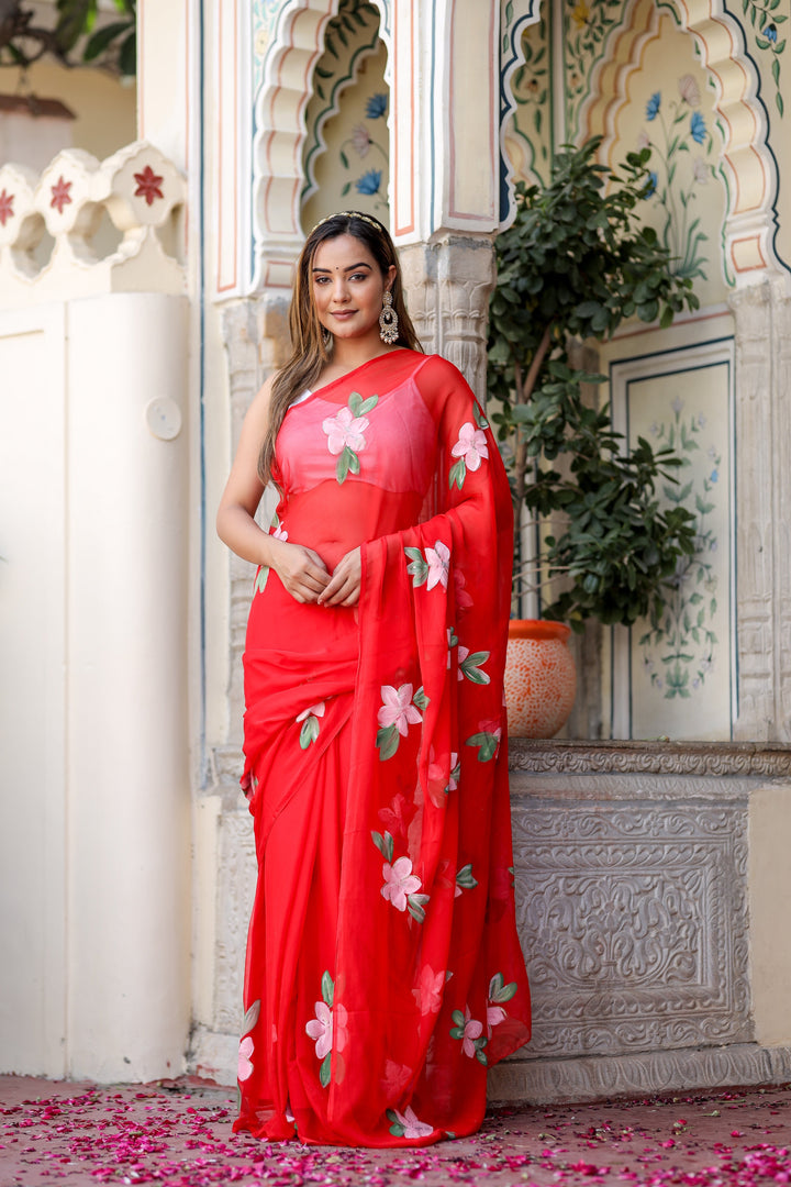 Vibrant Red Chiffon Saree with Pink Floral Print | Lightweight Designer Saree with Blouse Piece