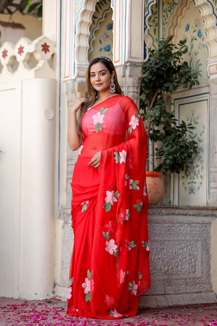 Vibrant Red Chiffon Saree with Pink Floral Print | Lightweight Designer Saree with Blouse Piece