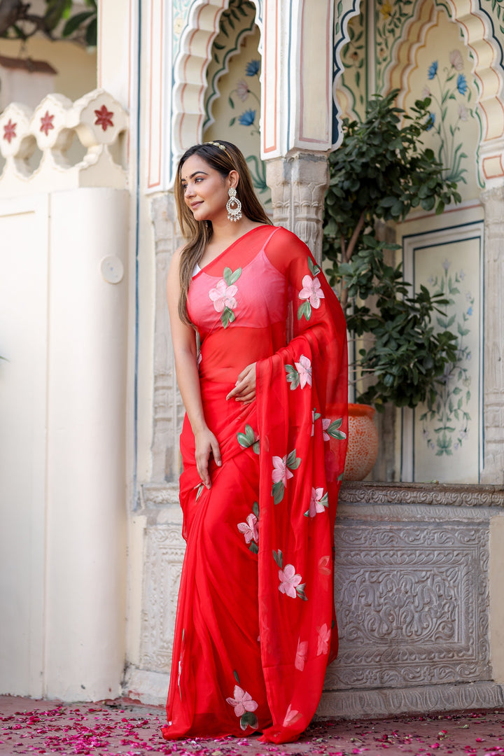 Vibrant Red Chiffon Saree with Pink Floral Print | Lightweight Designer Saree with Blouse Piece