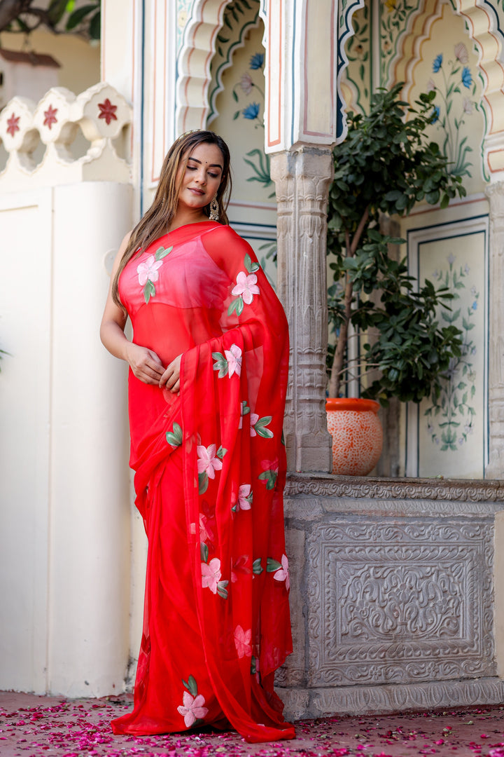 Vibrant Red Chiffon Saree with Pink Floral Print | Lightweight Designer Saree with Blouse Piece