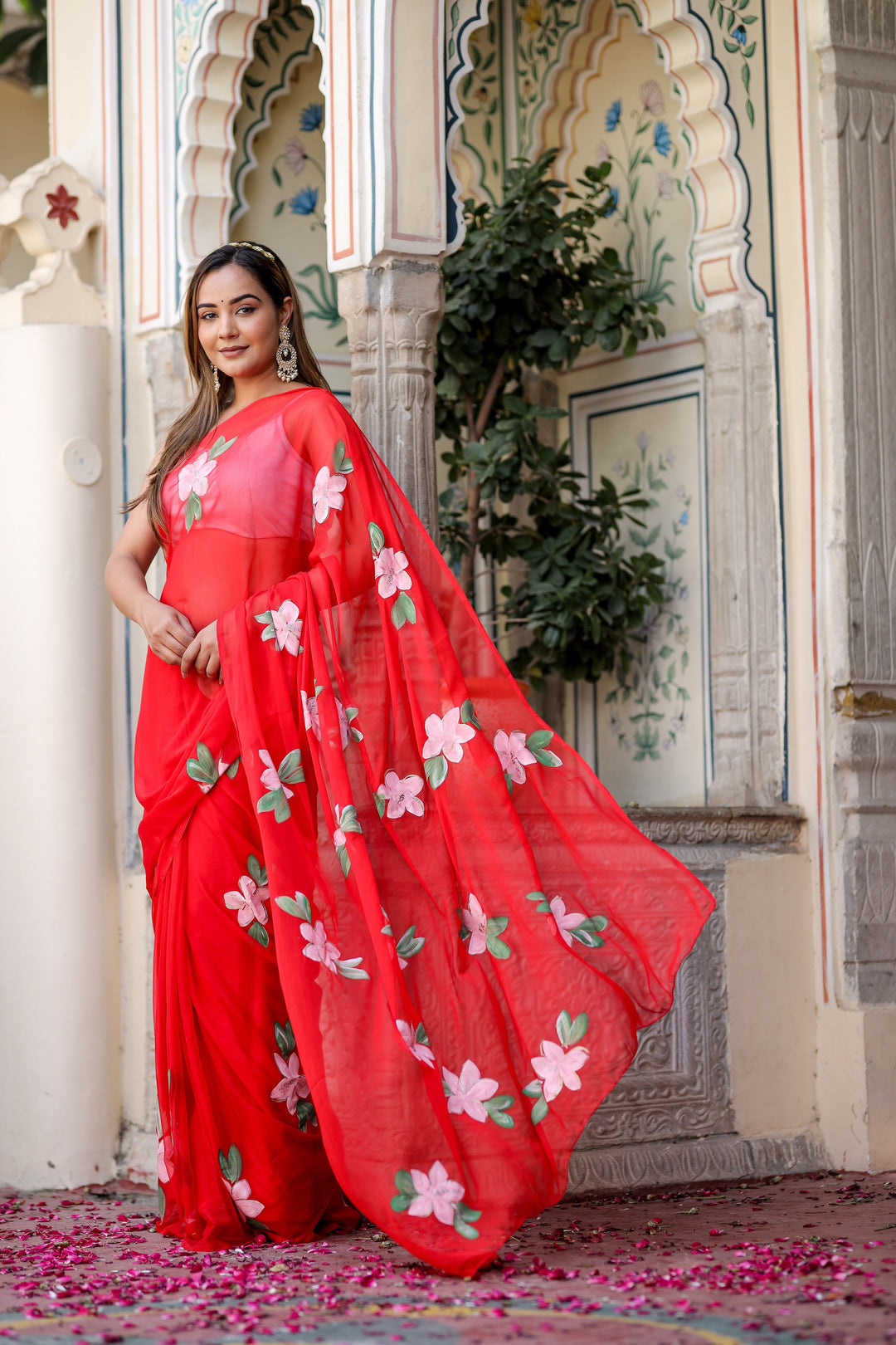 Vibrant Red Chiffon Saree with Pink Floral Print | Lightweight Designer Saree with Blouse Piece