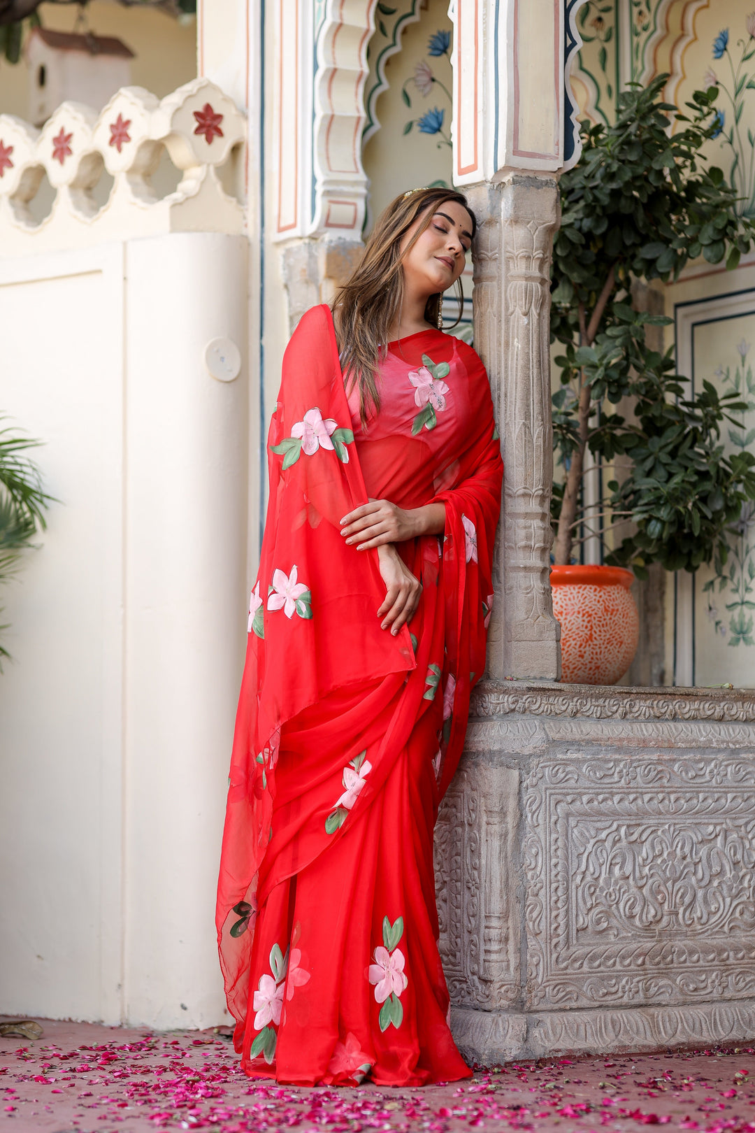 Vibrant Red Chiffon Saree with Pink Floral Print | Lightweight Designer Saree with Blouse Piece