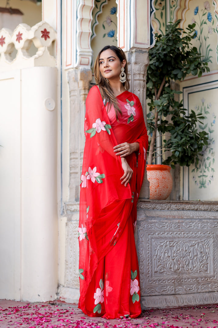 Vibrant Red Chiffon Saree with Pink Floral Print | Lightweight Designer Saree with Blouse Piece