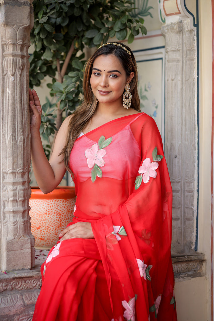 Vibrant Red Chiffon Saree with Pink Floral Print | Lightweight Designer Saree with Blouse Piece