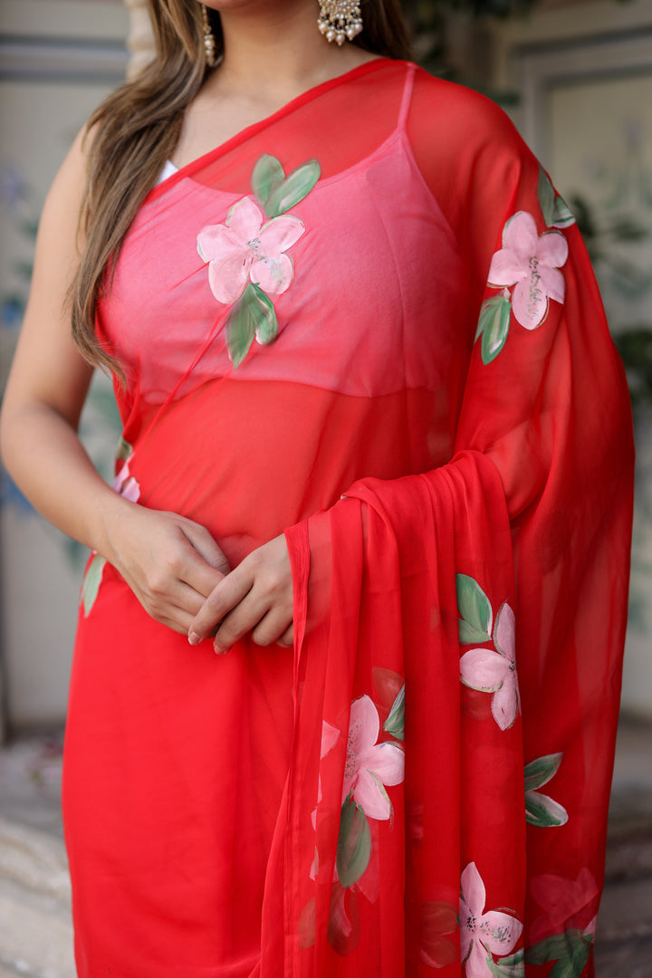 Vibrant Red Chiffon Saree with Pink Floral Print | Lightweight Designer Saree with Blouse Piece