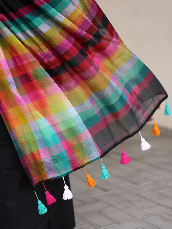 Black Mul Cotton Saree with Multicolour Striped Checkered Pallu, Tassel Edges & Attached Blouse Piece