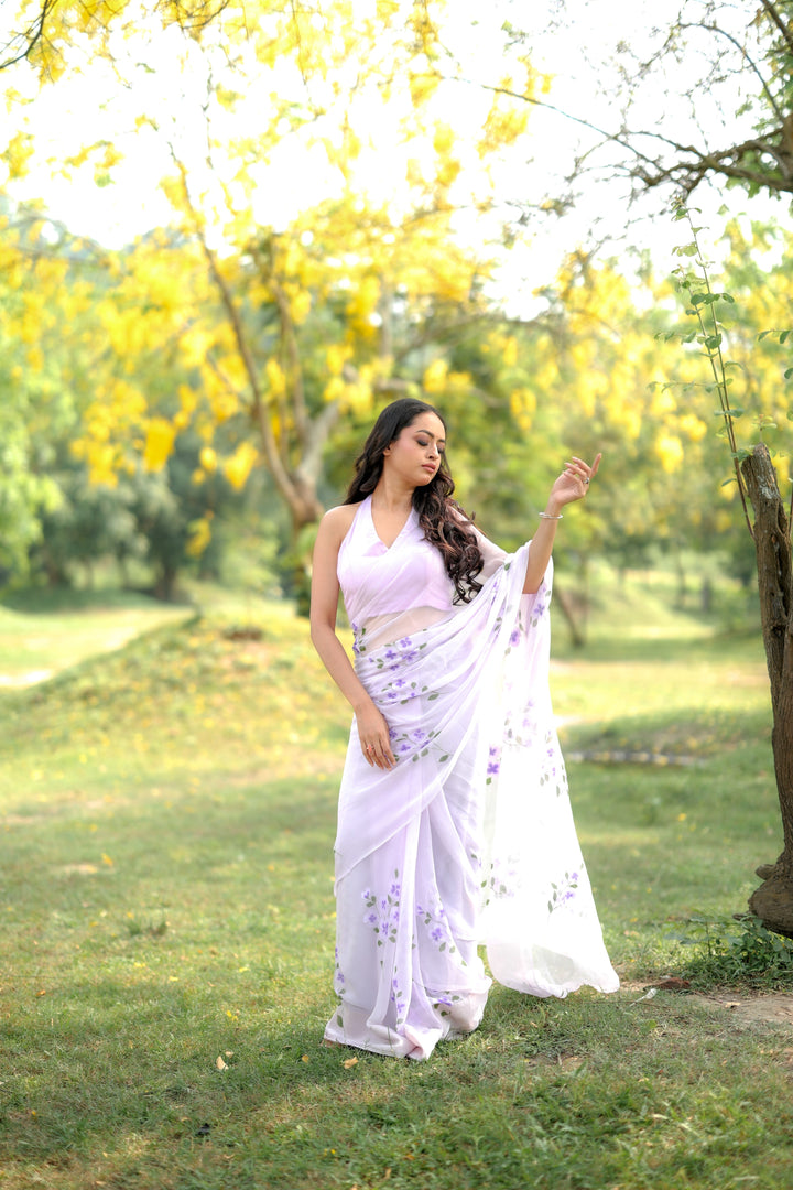 White Chiffon Saree with Lavender Floral Print | Lightweight Designer Saree with Blouse Piece