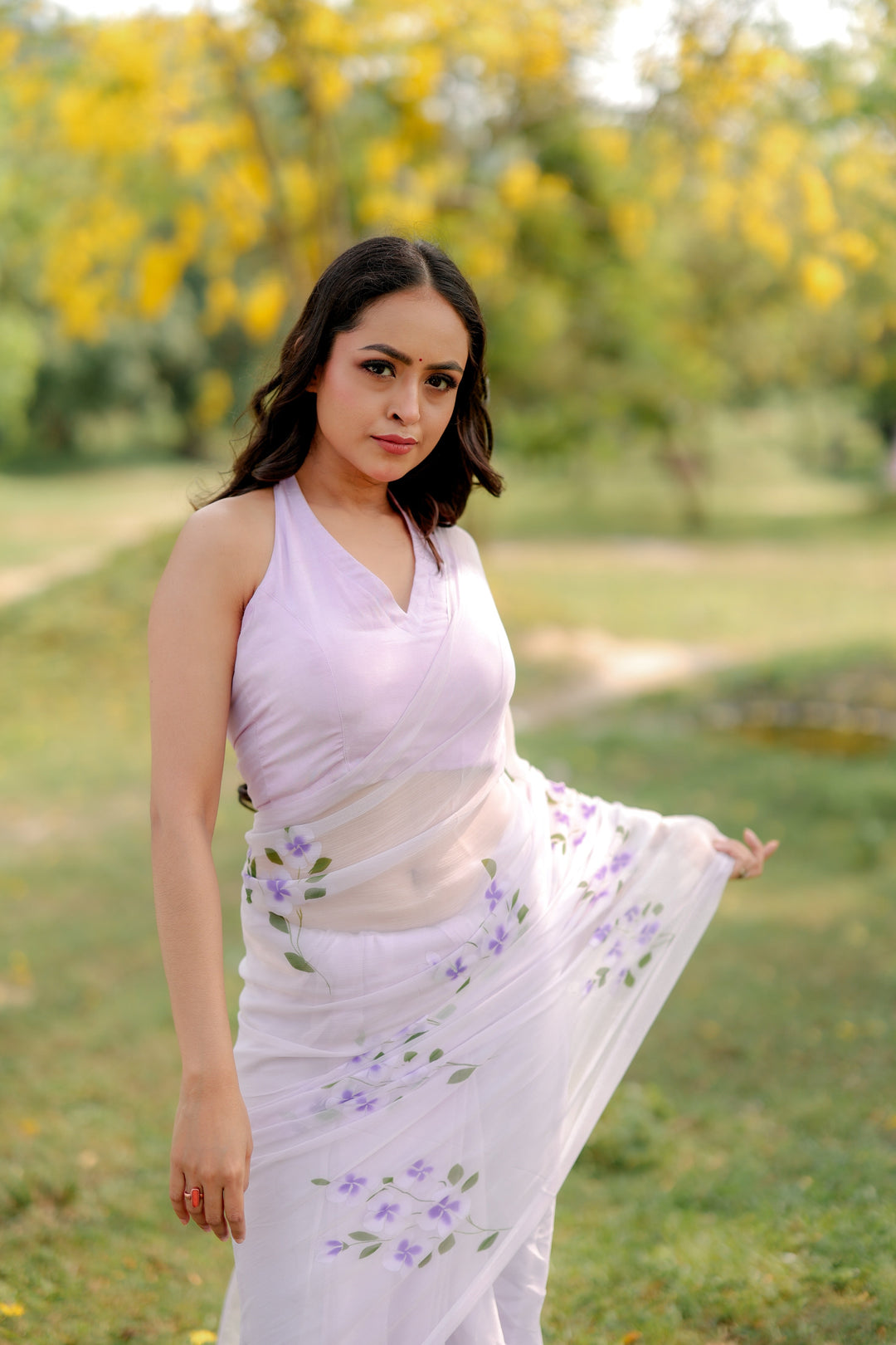 White Chiffon Saree with Lavender Floral Print | Lightweight Designer Saree with Blouse Piece