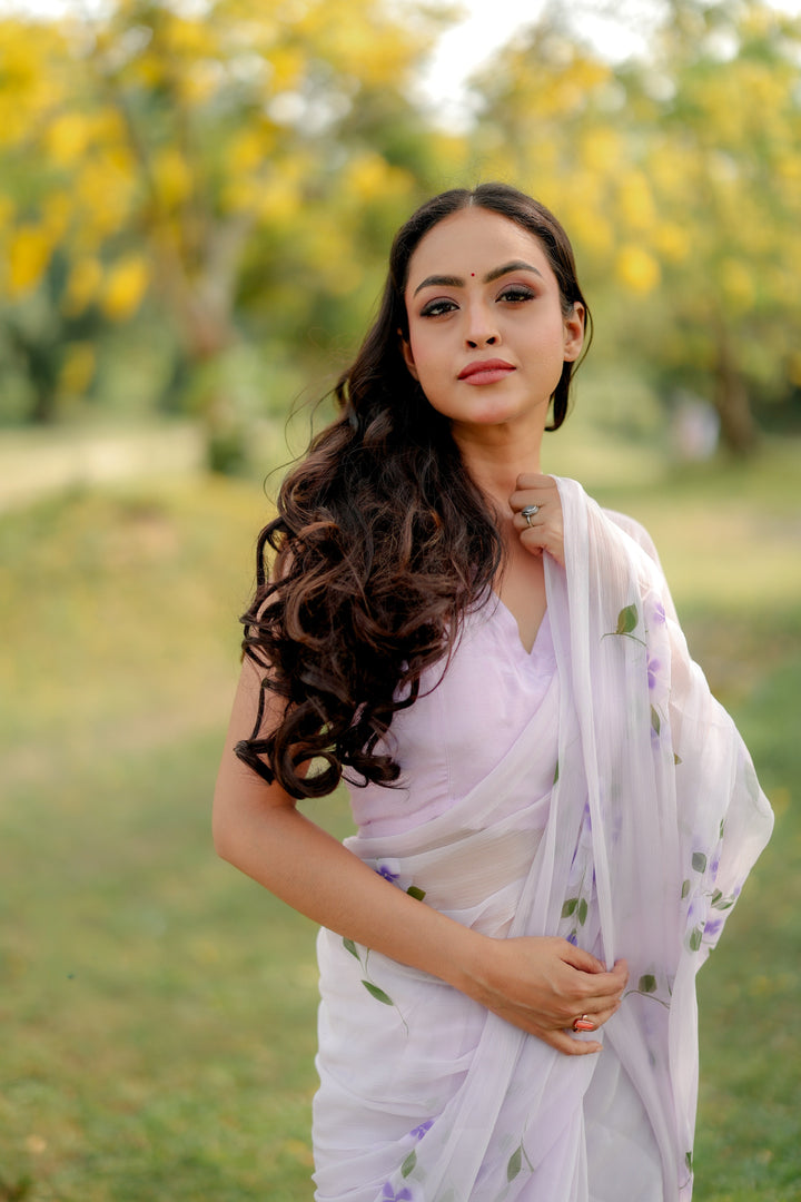 White Chiffon Saree with Lavender Floral Print | Lightweight Designer Saree with Blouse Piece