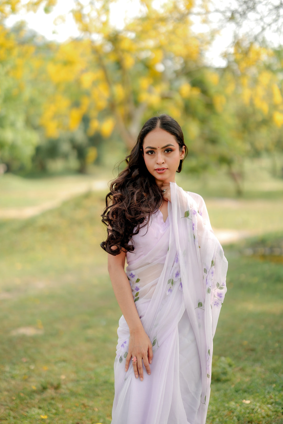 White Chiffon Saree with Lavender Floral Print | Lightweight Designer Saree with Blouse Piece