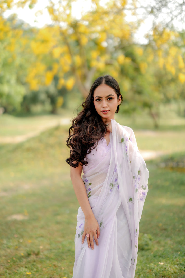 White Chiffon Saree with Lavender Floral Print | Lightweight Designer Saree with Blouse Piece