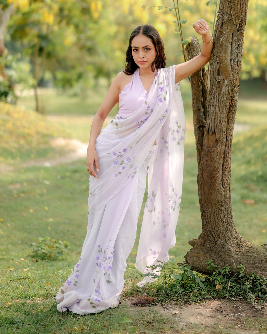 White Chiffon Saree with Lavender Floral Print | Lightweight Designer Saree with Blouse Piece