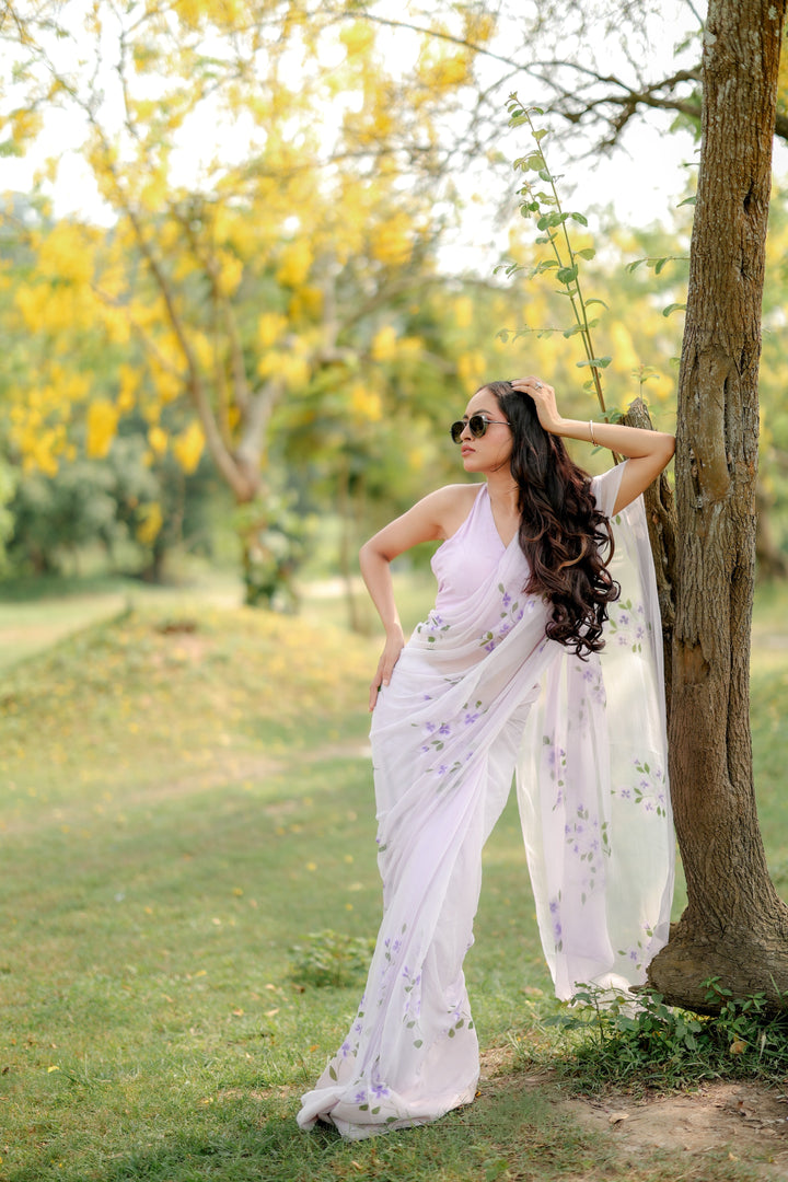 White Chiffon Saree with Lavender Floral Print | Lightweight Designer Saree with Blouse Piece
