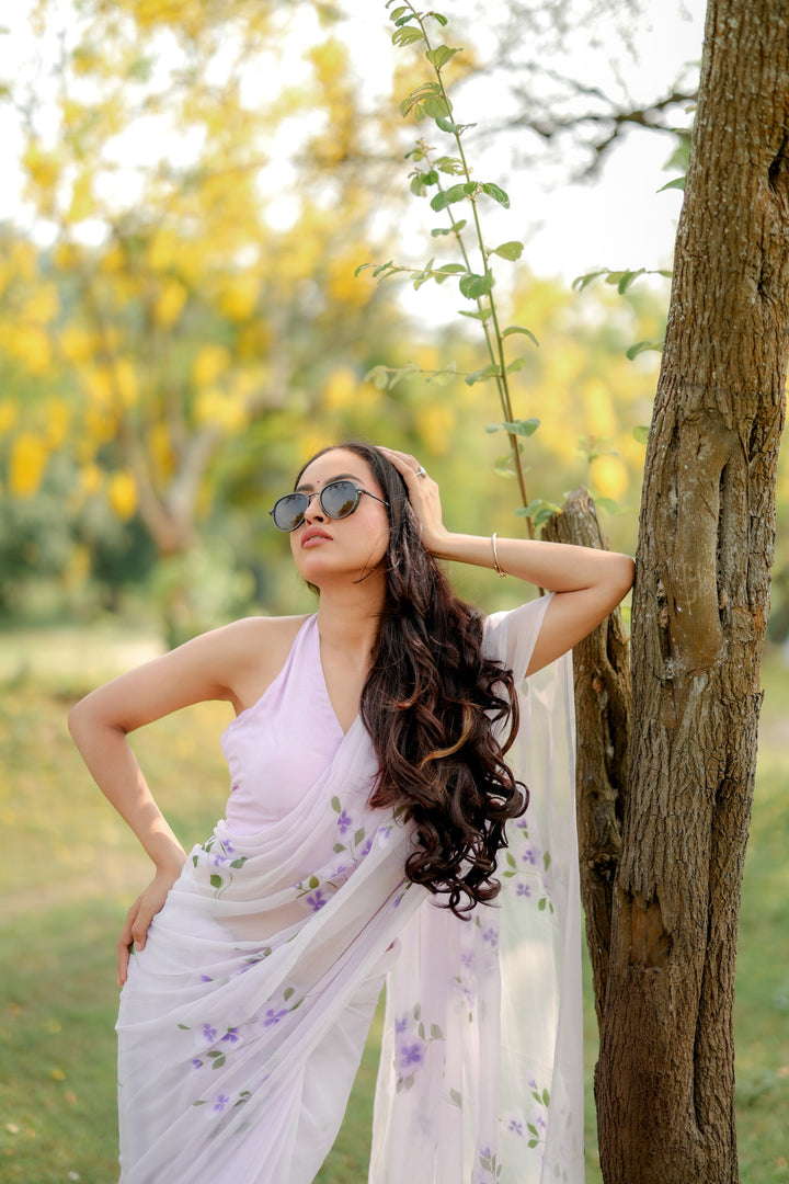 White Chiffon Saree with Lavender Floral Print | Lightweight Designer Saree with Blouse Piece