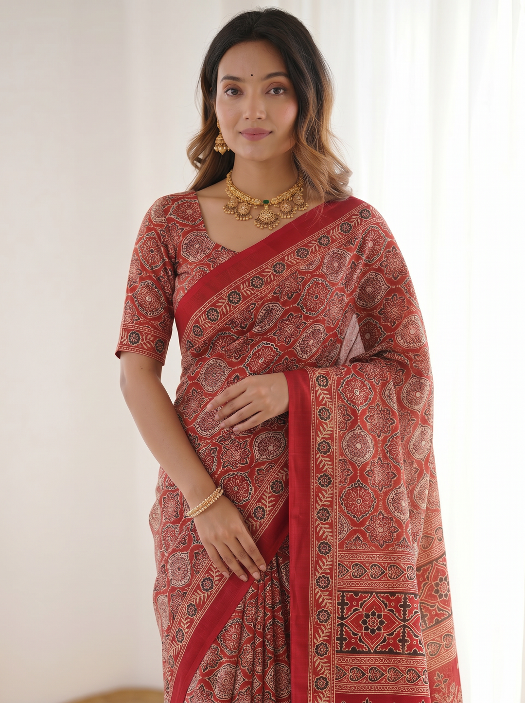 Ruby Red Pure Modal Silk Saree with Heritage Ajrakh Inspired Print & Traditional Designer Pallu