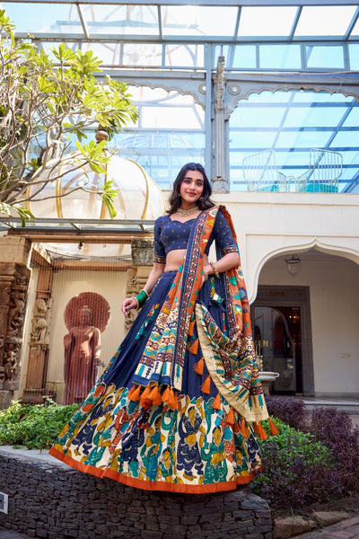 Royal Midnight Blue & Rust Kalamkari Tussar Silk Lehenga Set – A Statement of Cultural Grandeur