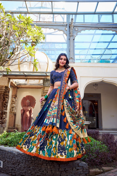 Royal Midnight Blue & Rust Kalamkari Tussar Silk Lehenga Set – A Statement of Cultural Grandeur