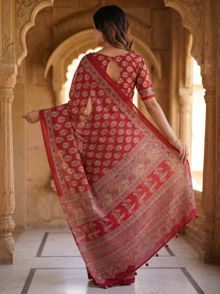 Ajrakh Chinnon Printed Saree with Tassel Detailing & Attached Blouse (No Mirror Work)