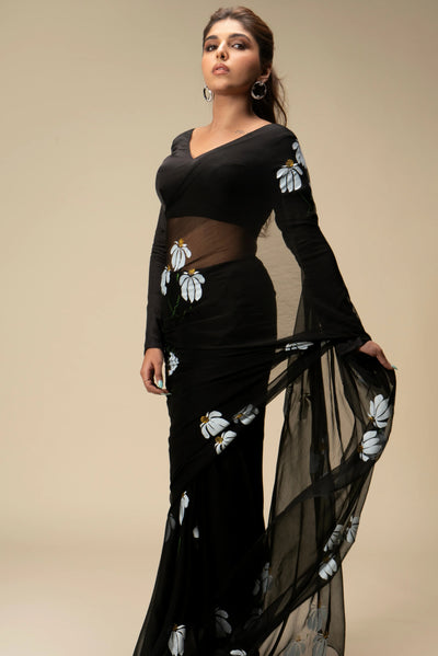 Black Hand-Painted Pure Georgette Saree with White Floral Motifs & Sequins | Modal Satin Blouse