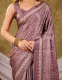 Dusty Mauve Pure Chinnon Ajrakh Printed Saree with Tassel Edges, Traditional Geometric Print & Matching Blouse Piece