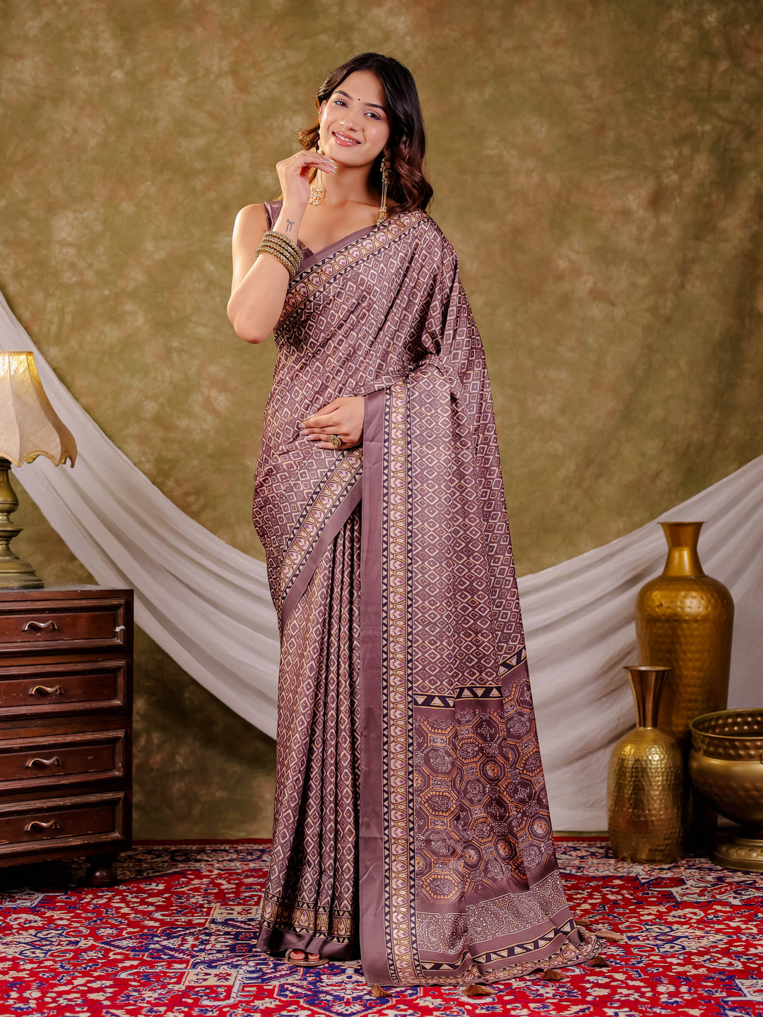 Dusty Mauve Pure Chinnon Ajrakh Printed Saree with Tassel Edges, Traditional Geometric Print & Matching Blouse Piece