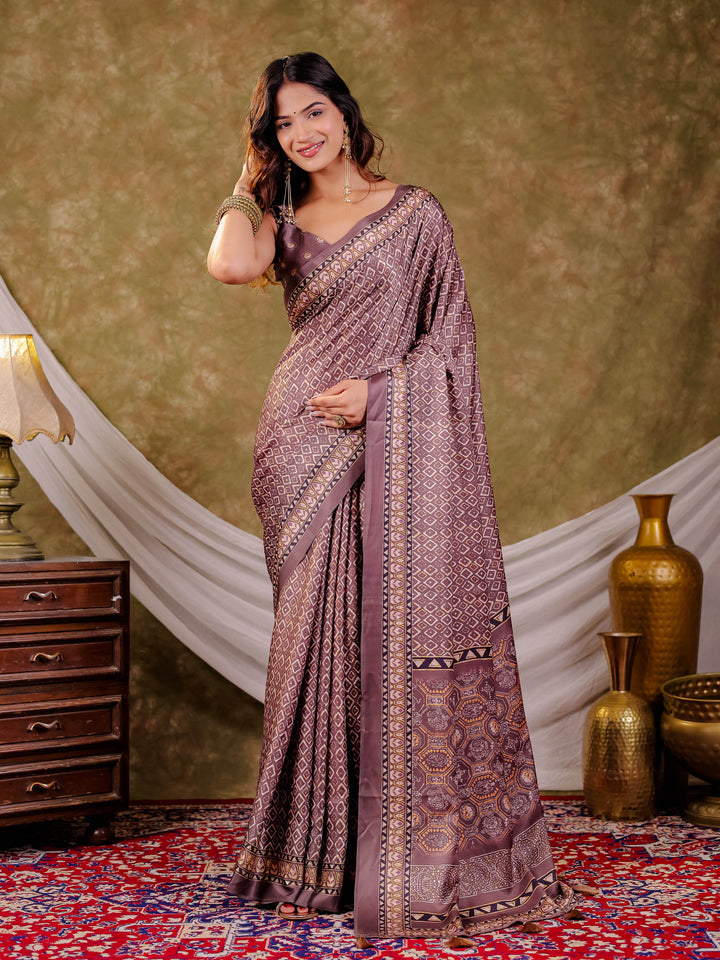 Dusty Mauve Pure Chinnon Ajrakh Printed Saree with Tassel Edges, Traditional Geometric Print & Matching Blouse Piece