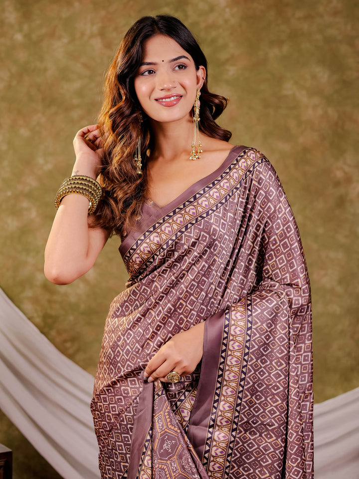 Dusty Mauve Pure Chinnon Ajrakh Printed Saree with Tassel Edges, Traditional Geometric Print & Matching Blouse Piece