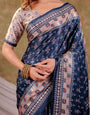 Navy Blue Pure Chinnon Ajrakh Printed Saree with Tassel Edges, Traditional Geometric Print & Matching Blouse Piece