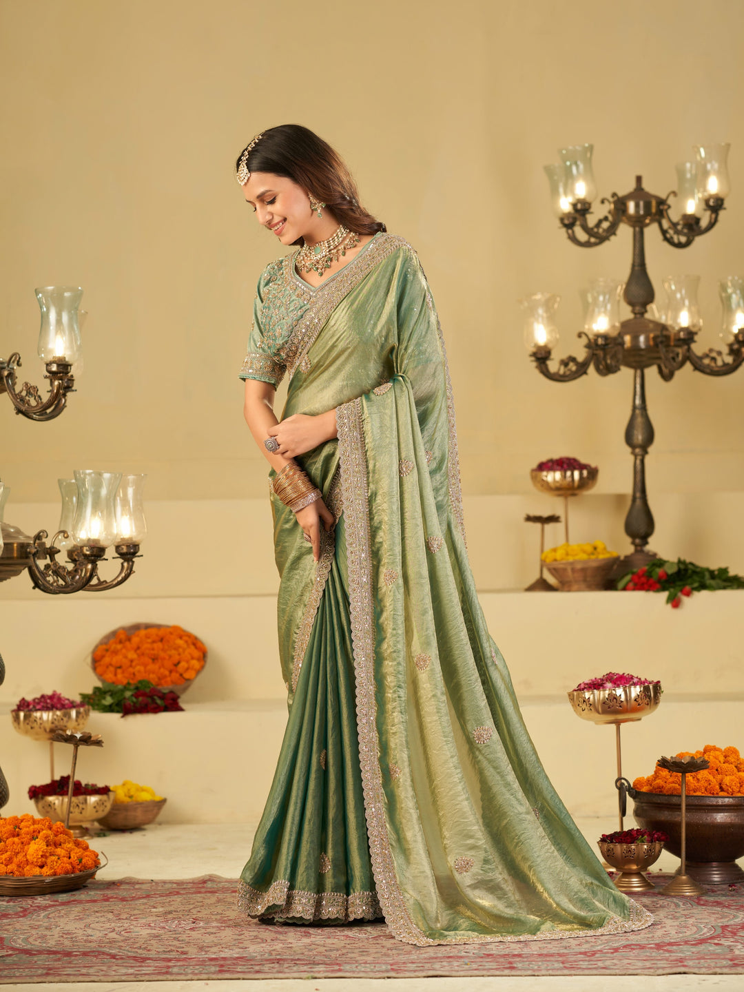 Sea Green Designer Fendy Satin Saree with Heavy Embroidered Blouse & Sequin Border | Premium Wedding Party Wear Saree