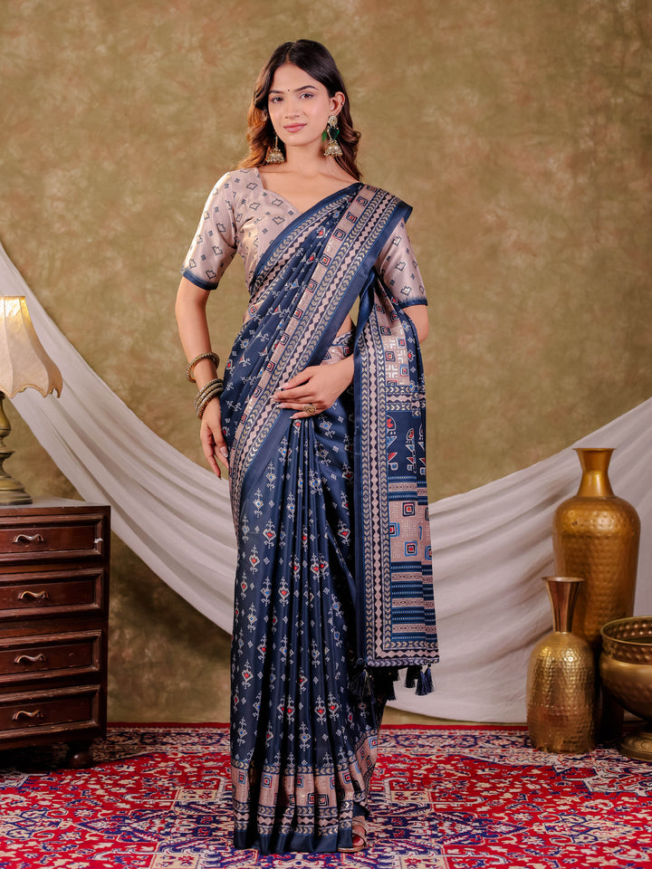Navy Blue Pure Chinnon Ajrakh Printed Saree with Tassel Edges, Traditional Geometric Print & Matching Blouse Piece
