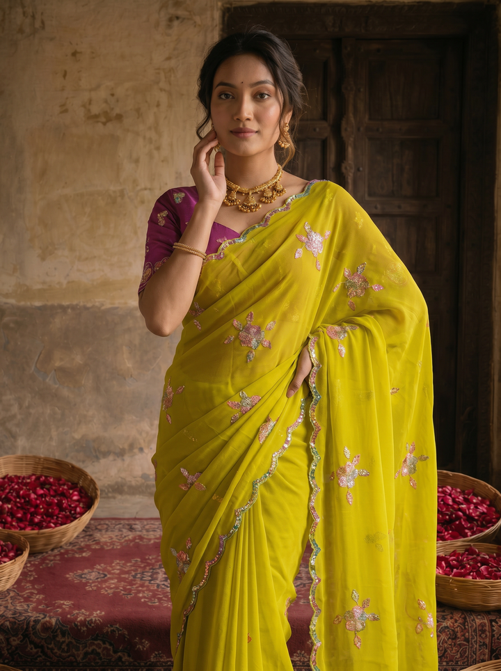 Lime Yellow Georgette Embroidered Saree with Floral Sequin Work & Contrast Magenta Blouse