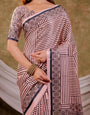 Blush Pink Pure Chinnon Ajrakh Printed Saree with Tassel Edges, Traditional Stripe Print & Matching Blouse Piece