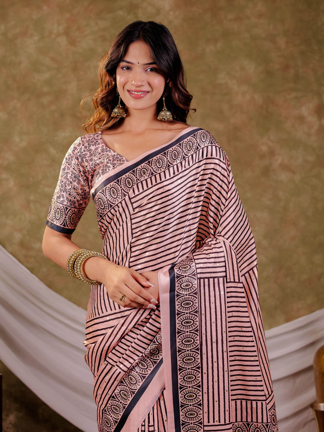 Blush Pink Pure Chinnon Ajrakh Printed Saree with Tassel Edges, Traditional Stripe Print & Matching Blouse Piece