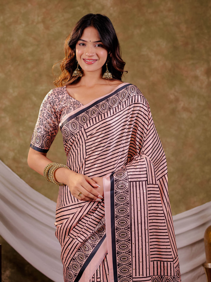Blush Pink Pure Chinnon Ajrakh Printed Saree with Tassel Edges, Traditional Stripe Print & Matching Blouse Piece