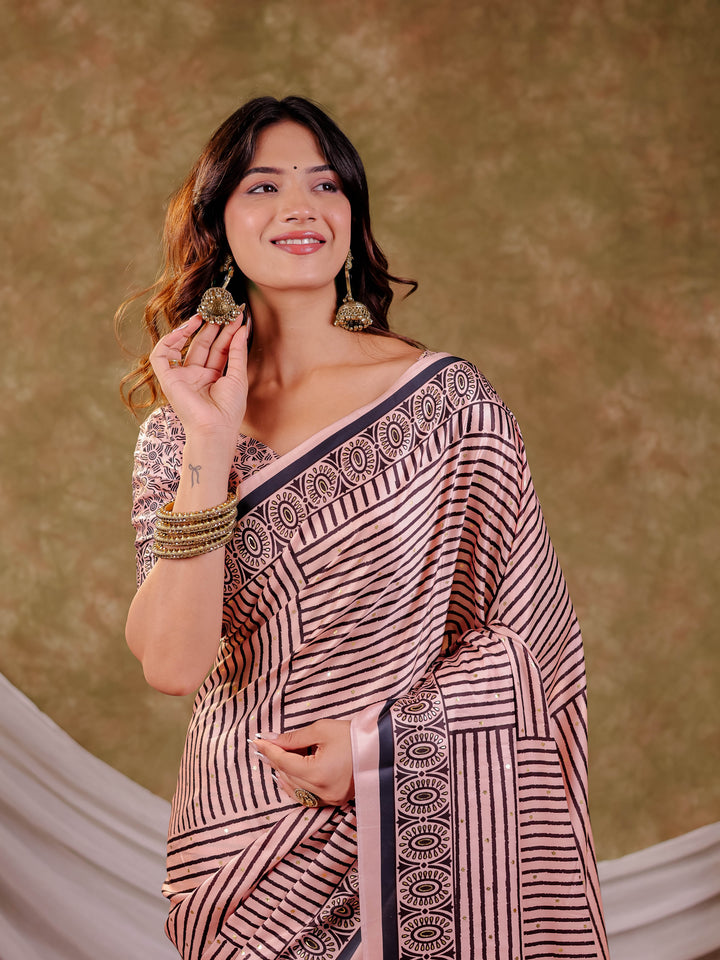 Blush Pink Pure Chinnon Ajrakh Printed Saree with Tassel Edges, Traditional Stripe Print & Matching Blouse Piece