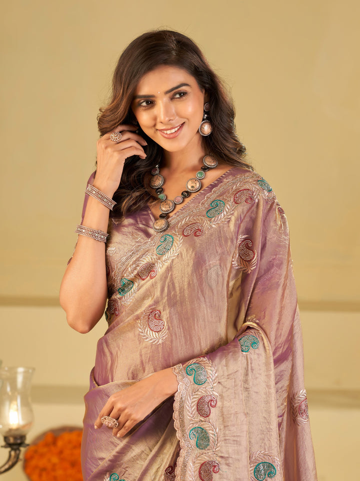 Lavender Designer Fendy Satin Saree with Multicolor Paisley Embroidery & Heavy Embroidered Border | Elegant Festive Party Wear Saree