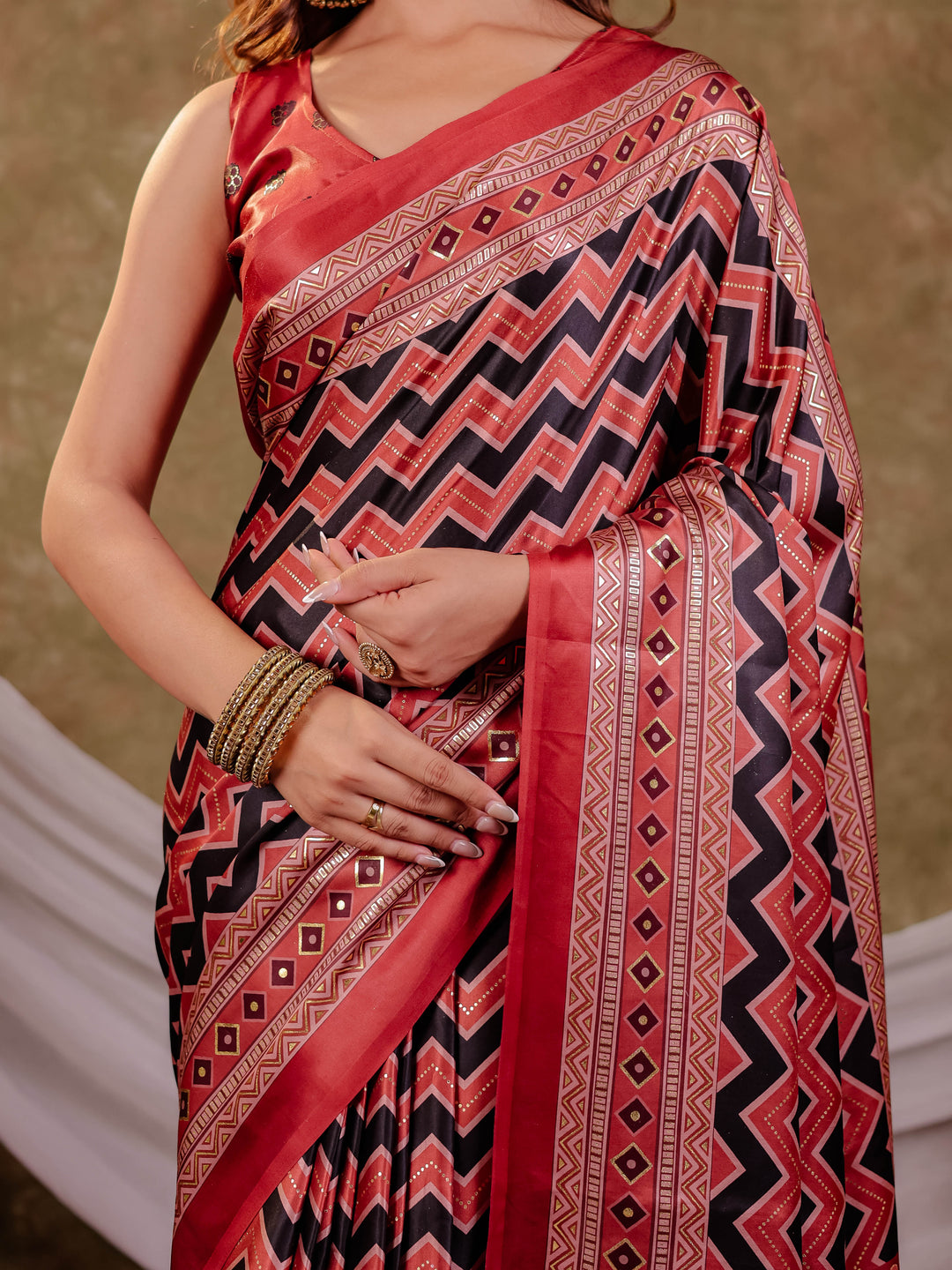 Brick Red Pure Chinnon Ajrakh Printed Saree with Tassel Edges, Chevron Zigzag Print, Designer Border & Matching Blouse Piece