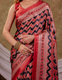 Brick Red Pure Chinnon Ajrakh Printed Saree with Tassel Edges, Chevron Zigzag Print, Designer Border & Matching Blouse Piece