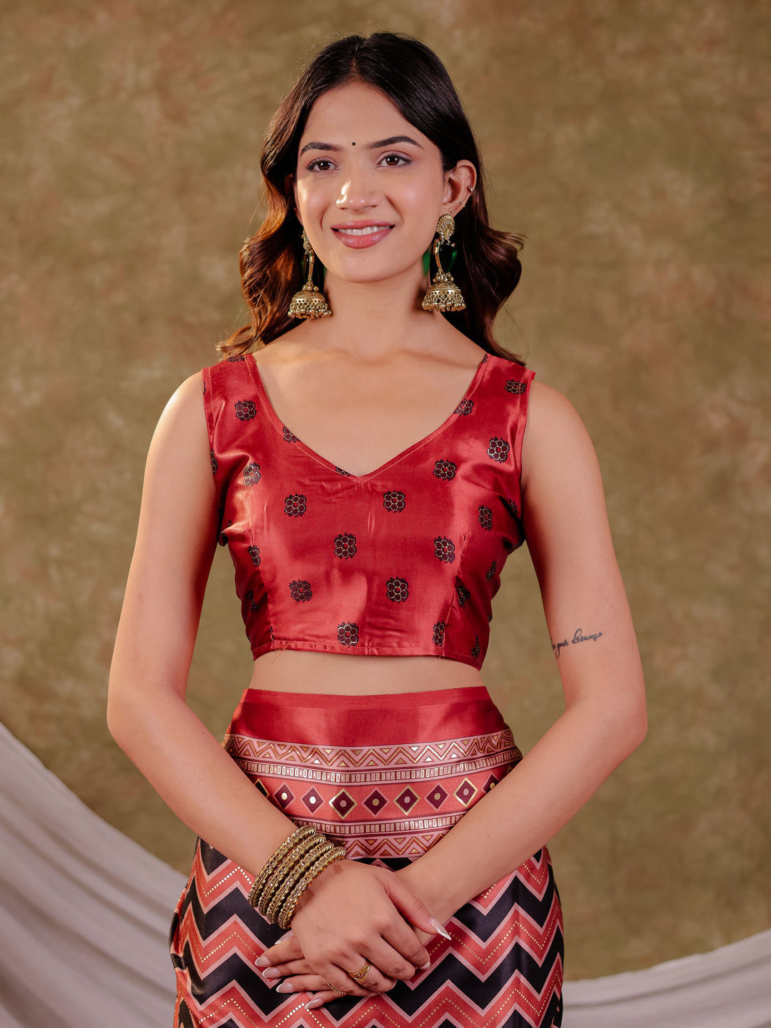 Brick Red Pure Chinnon Ajrakh Printed Saree with Tassel Edges, Chevron Zigzag Print, Designer Border & Matching Blouse Piece